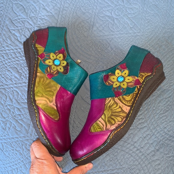 Socofy Purple Printing Flowers Leather Zip Booties - Picture 7 of 13